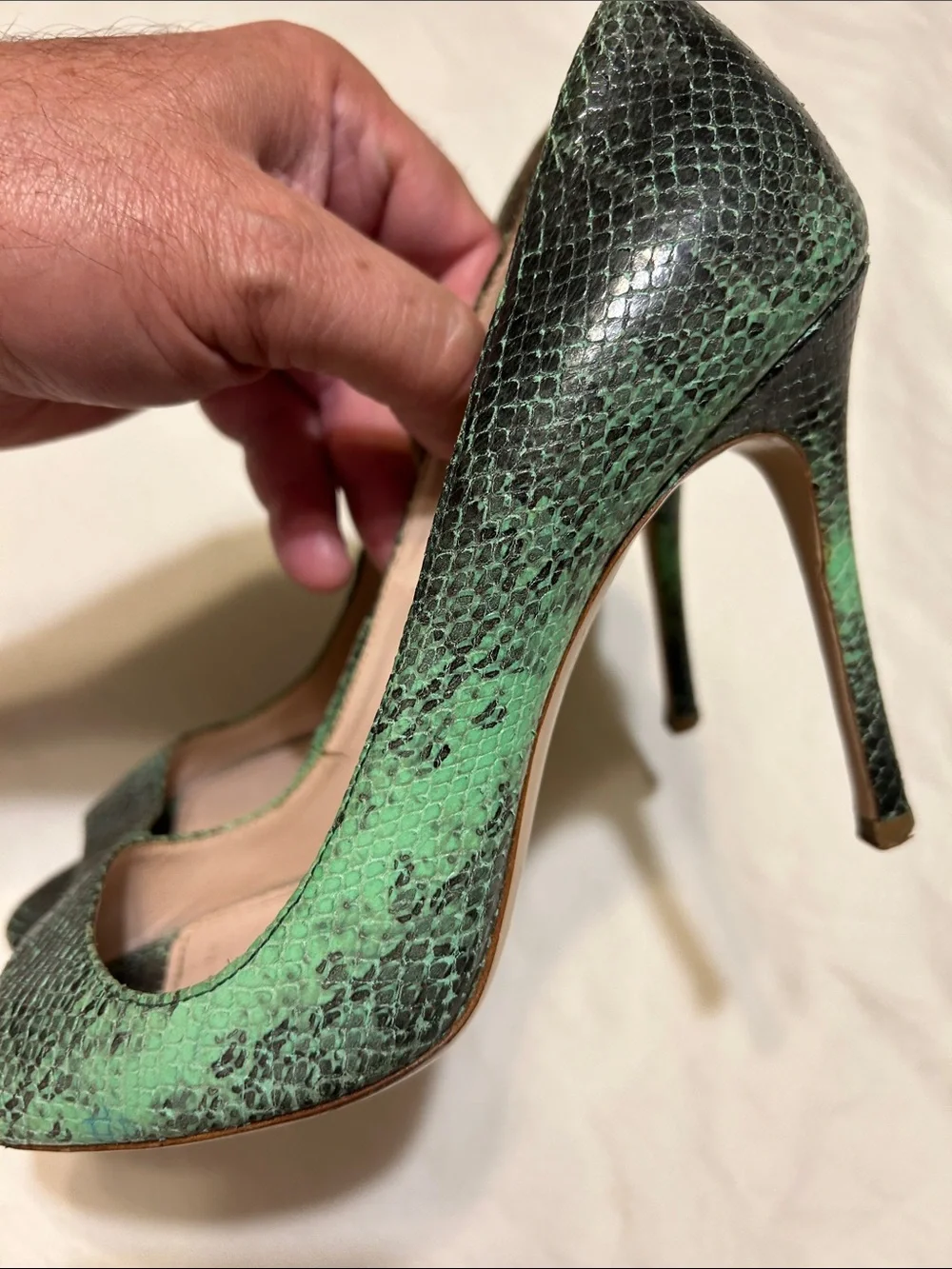 Miu Miu Green Snakeskin Open-Toe Pumps